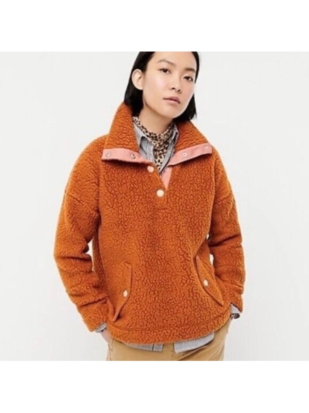 J CREW Women's orangish Brown Snap-collar sherpa sweatshirt size small